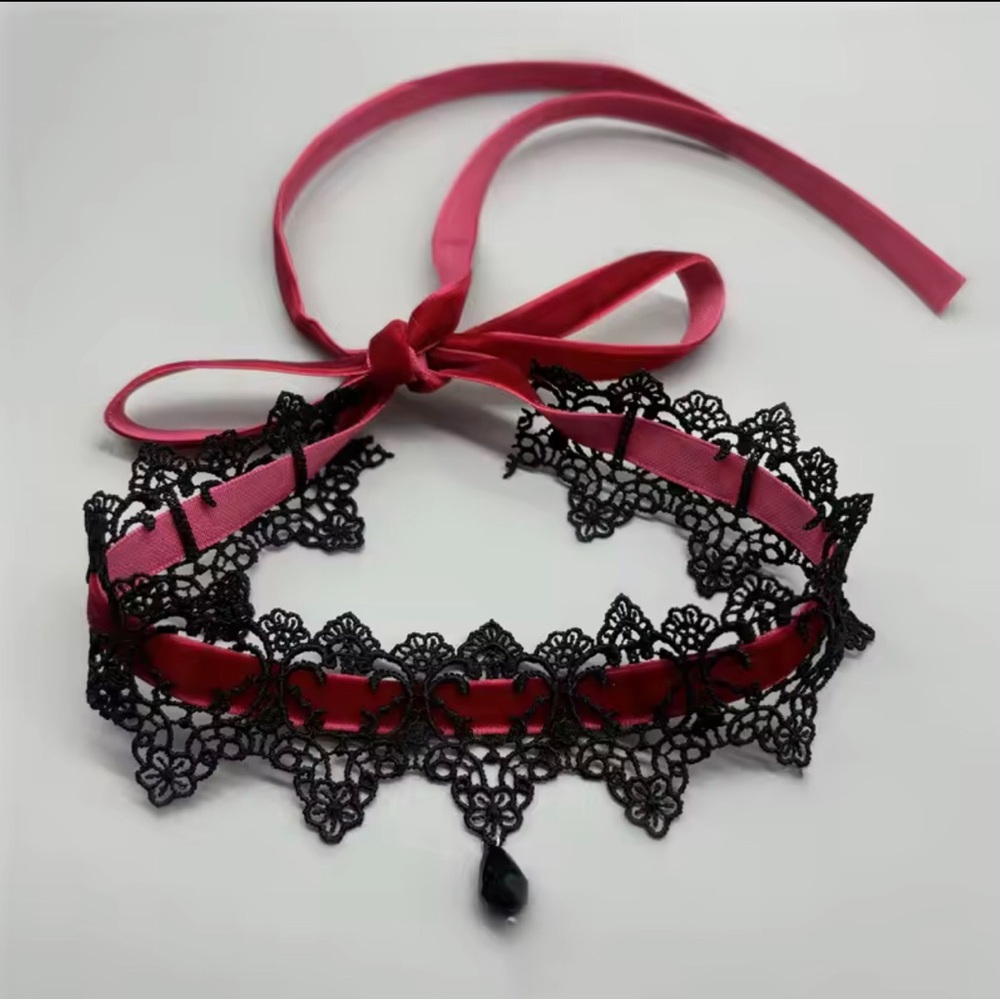 Lace Ribbon Choker Necklace in Pink and Black